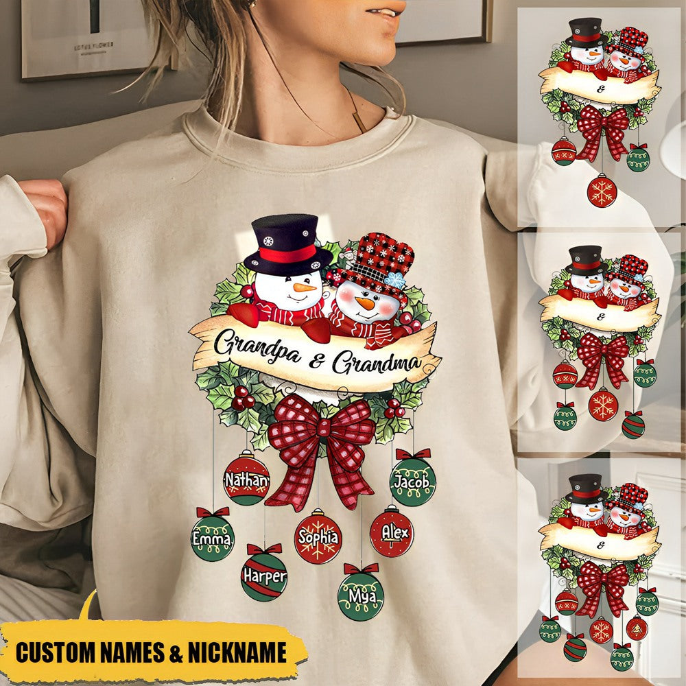 Snowman Grandpa & Grandma Mom & Dad Christmas Ball Kids Personalized Sweatshirt