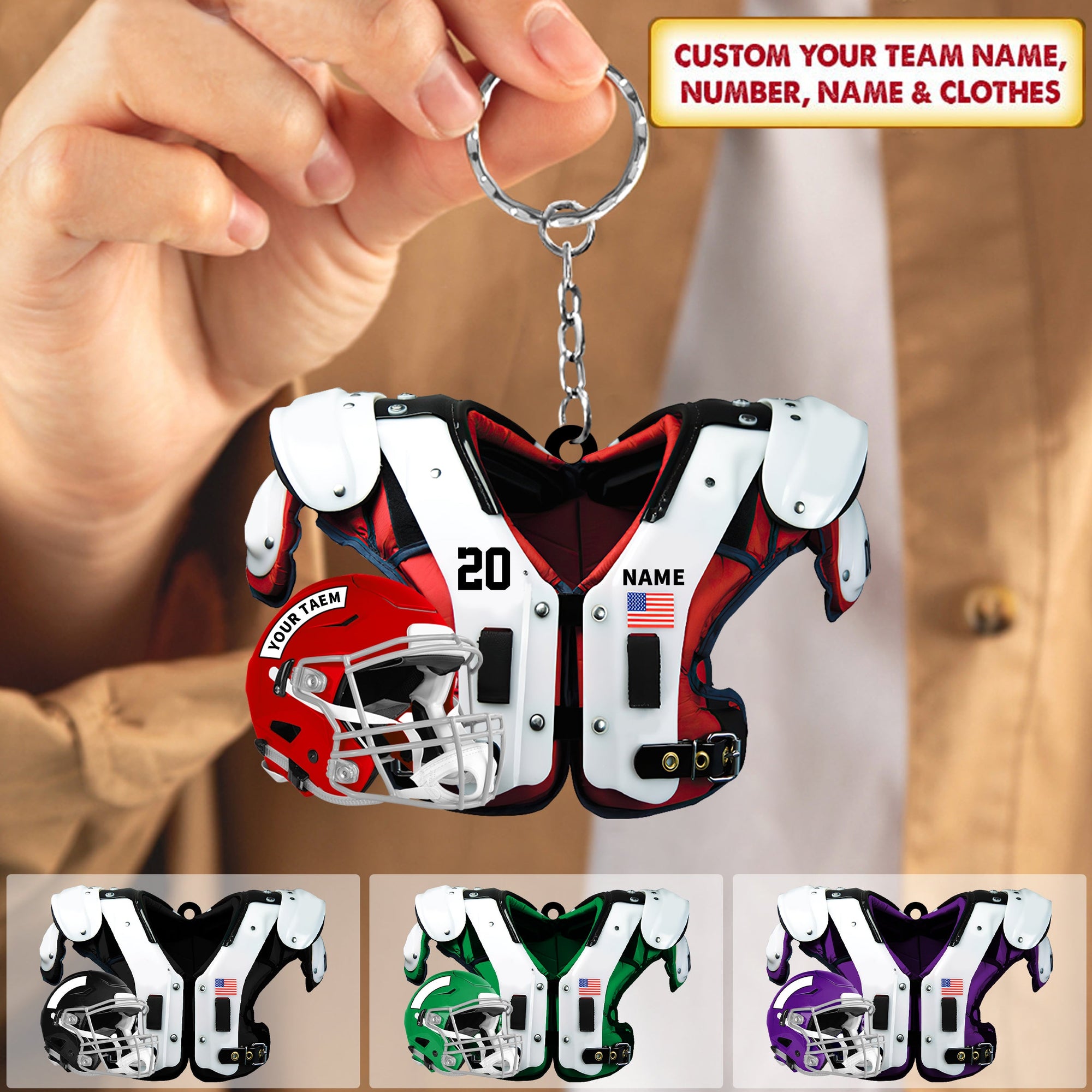 Personalized American Football Shoulder Pads And Helmet Acrylic Keychain