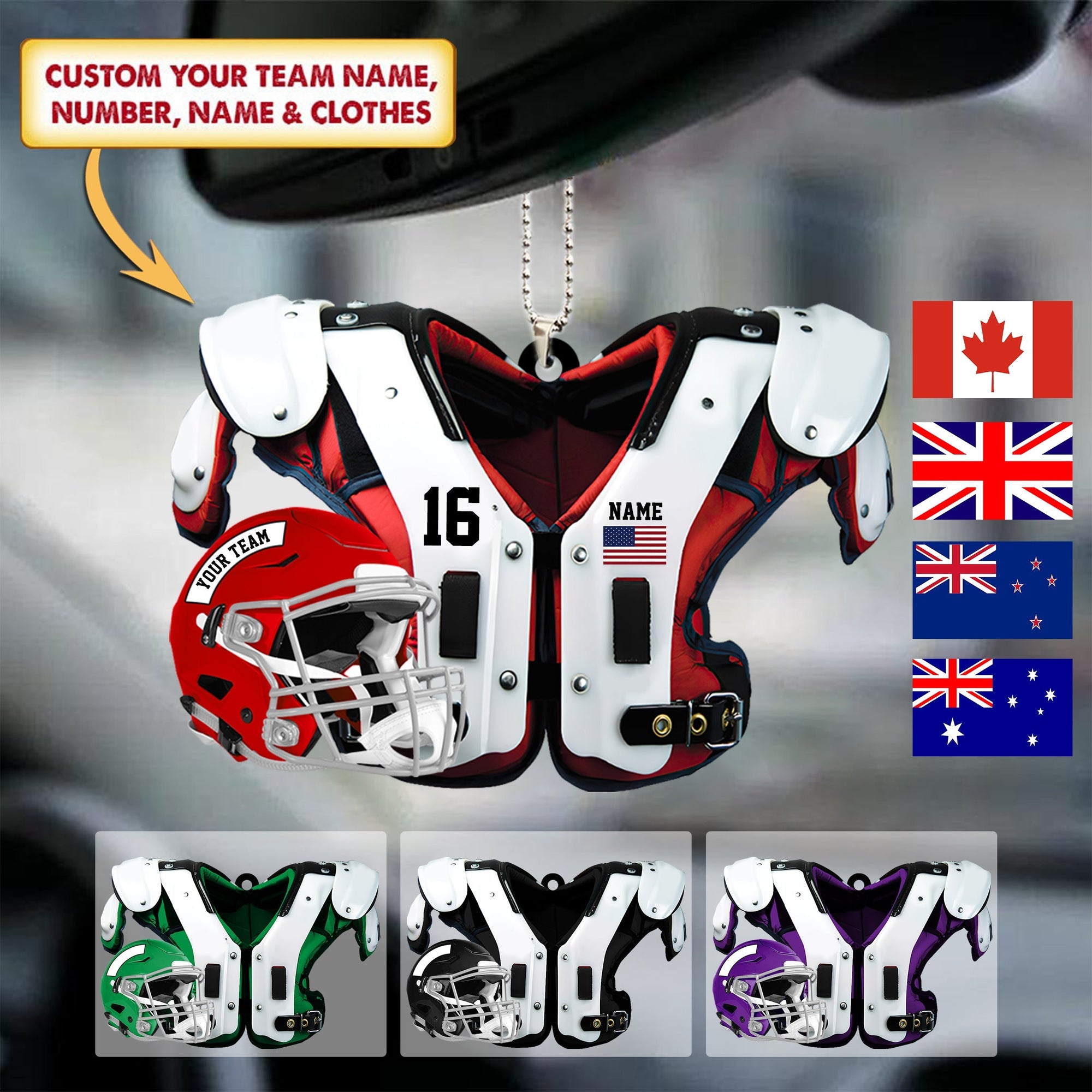 Personalized Ornament- Football Shoulder Pads And Helmet - Multi Countries