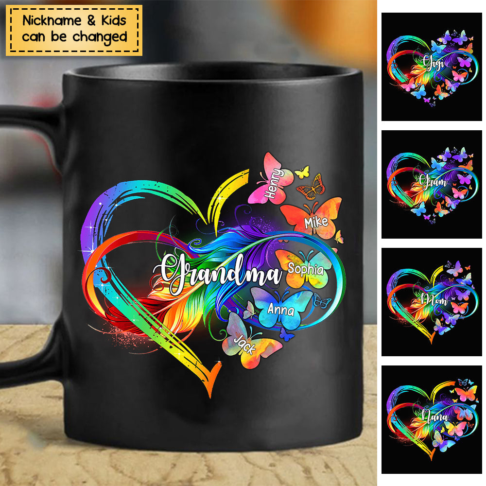 Personalized Grandma Mom Heart Infinity Butterfly Black Mug