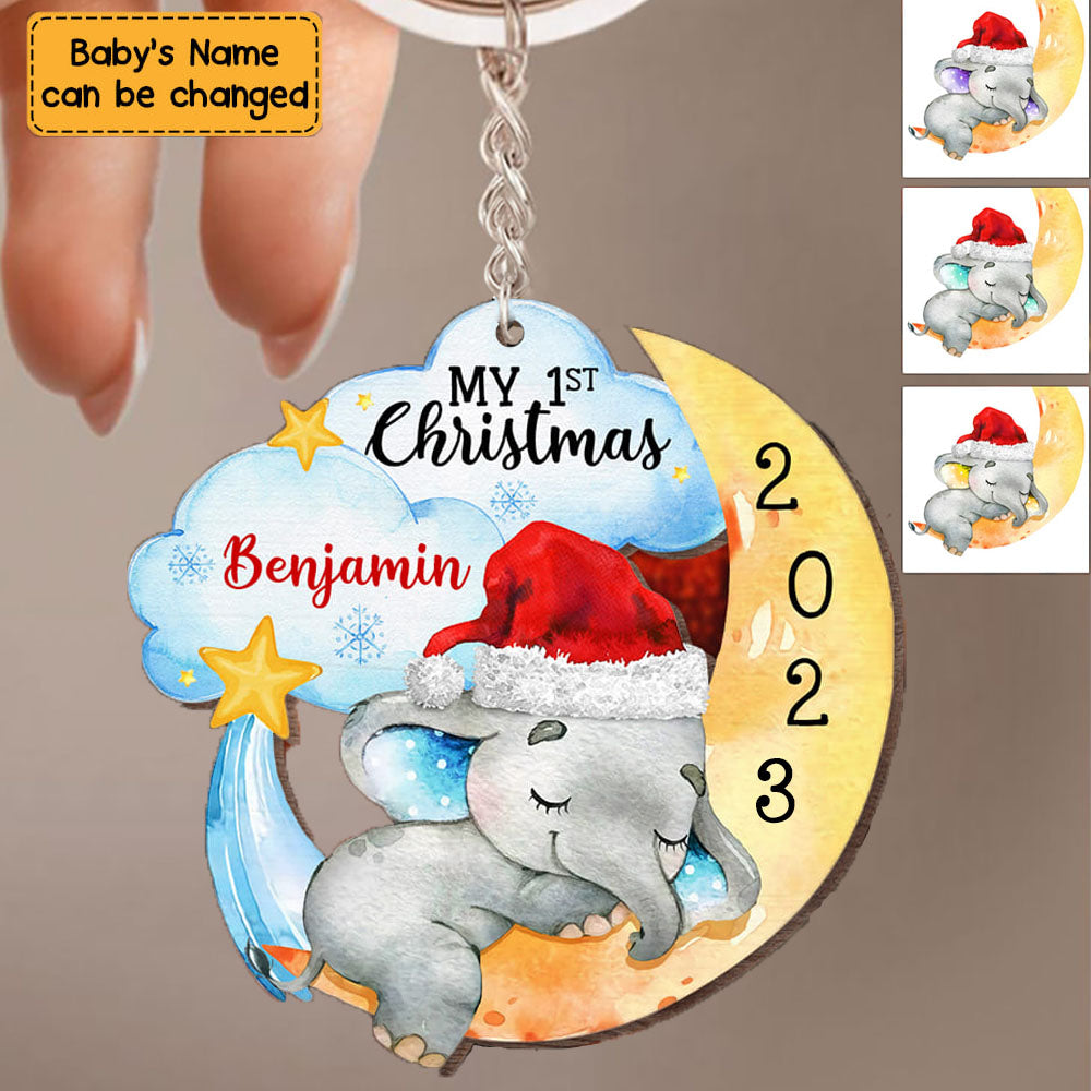 Personalized Custom Elephant Baby First Christmas Wooden Keychain