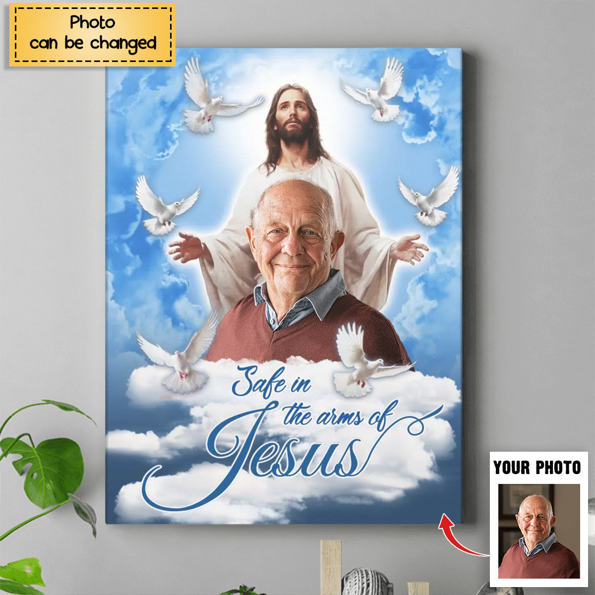 Personalized Sympathy Gifts, Memorial Gifts, Blue Sky With Pigeon Safe In The Arms Of Jesus Poster