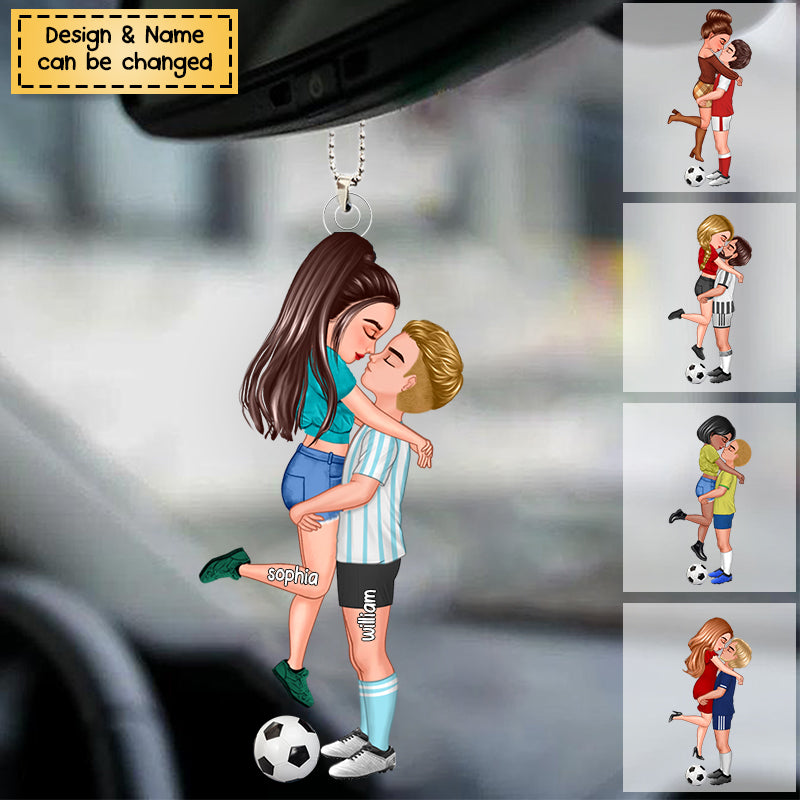 Soccer Hugging Couple - Personalized Acrylic Car Hanging Ornament, Gift For Soccer Lovers