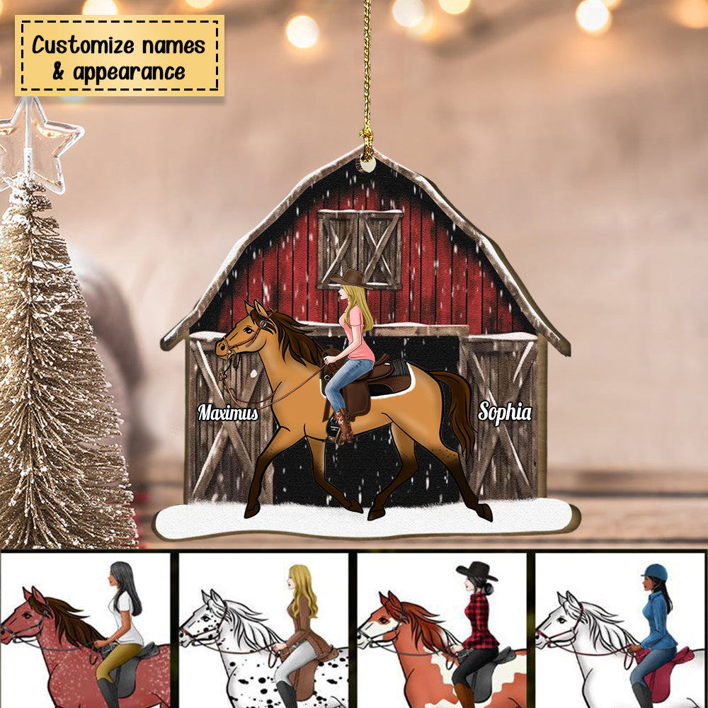Horse Lovers Girl Riding Horse Red Barn - Personalized Wooden Christmas Ornament With Bow