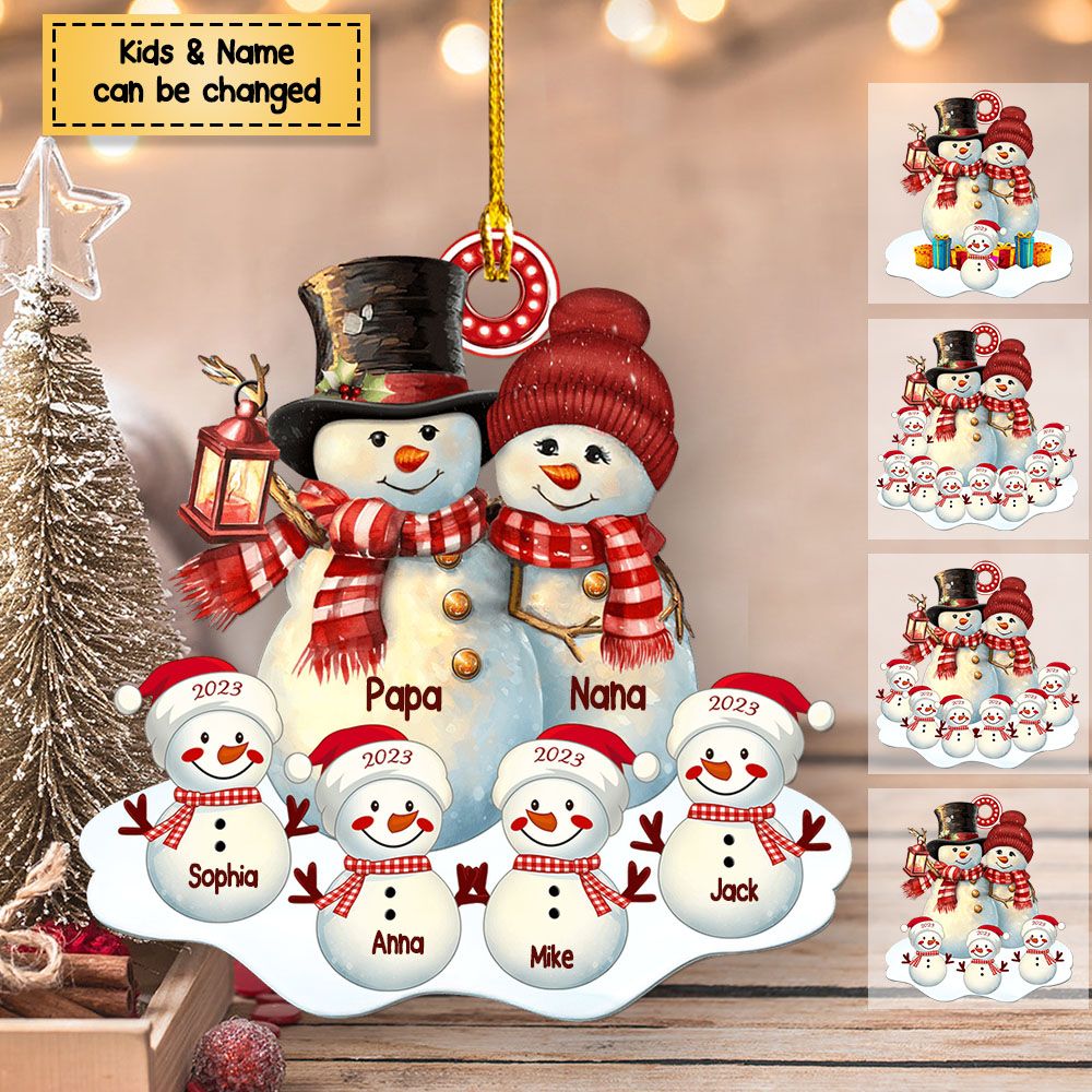 Couple Snowman Christmas Grandma Grandpa With Grandkids Personalized Acrylic Ornament