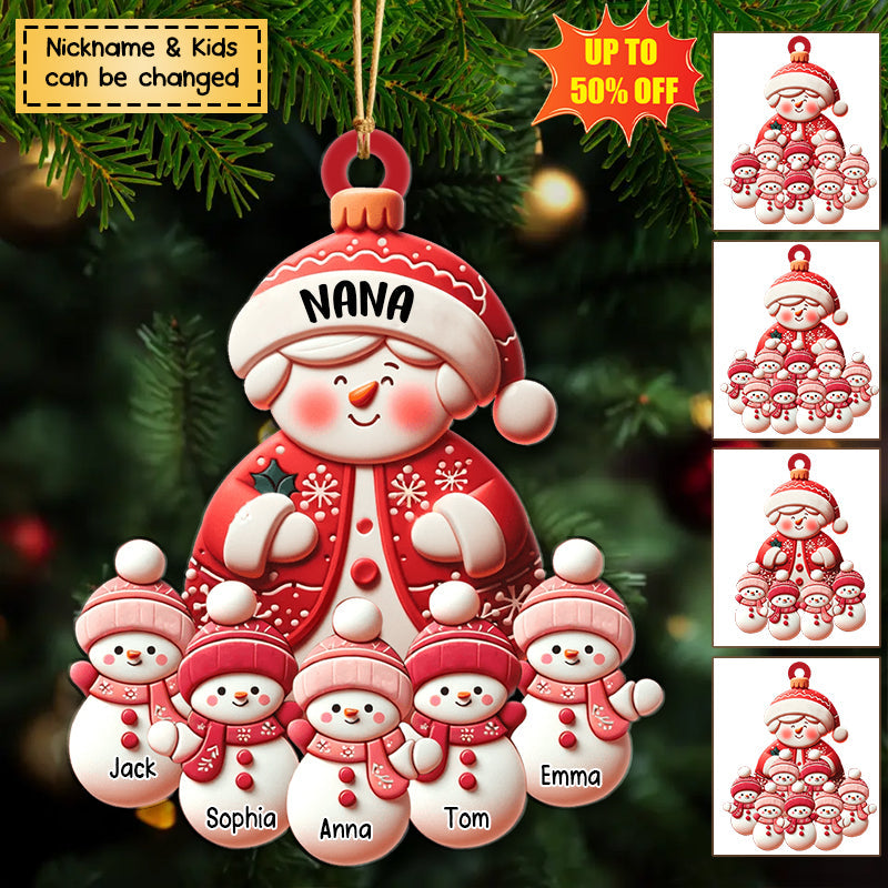 Christmas Red Themed Grandma Snowman With Little Snowman Kids Personalized Acrylic Ornament