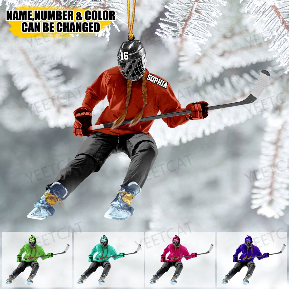 Personalized Female/Girl Woman Ice Hockey Players Acrylic Christmas Ornament