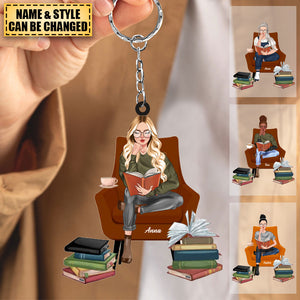 Girl Reading Book Sitting On A Chair - Custom Book Titles, Personalized Acrylic Keychain