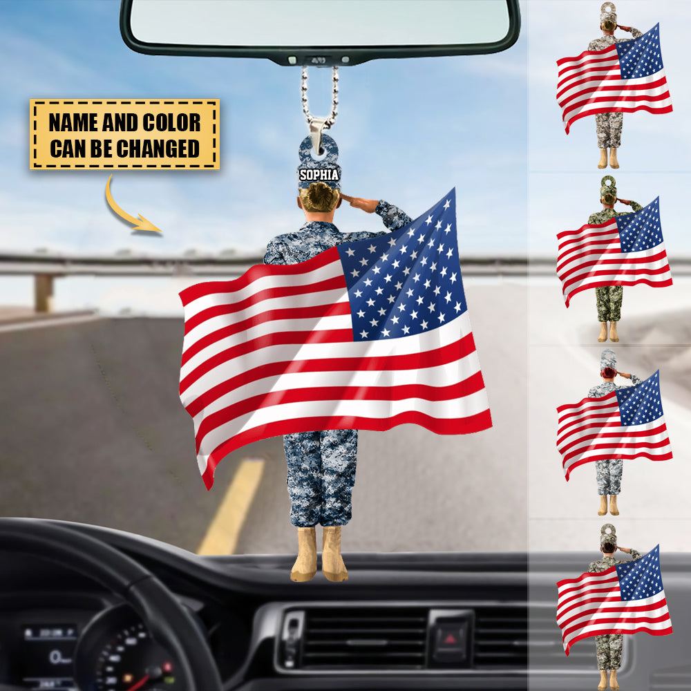 Personalized Female Veteran/Female Veteran Salute The Flag Camouflage Acrylic Car Hanging Ornament