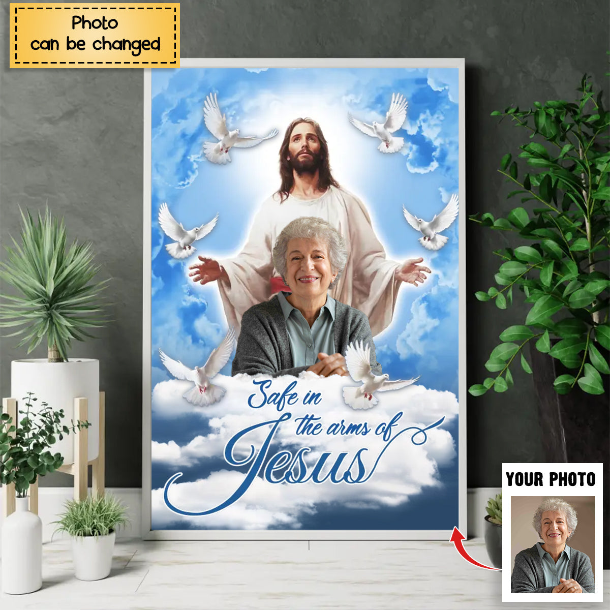 Personalized Sympathy Gifts, Memorial Gifts, Blue Sky With Pigeon Safe In The Arms Of Jesus Poster