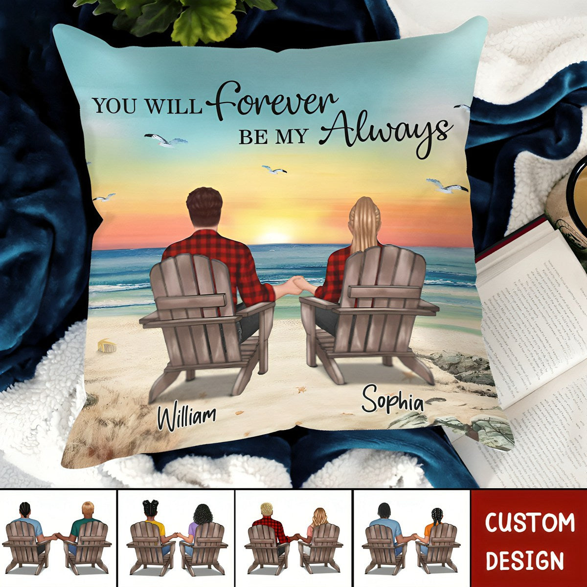 Retro Vintage Back View Couple Sitting Beach Landscape Personalized Pillow