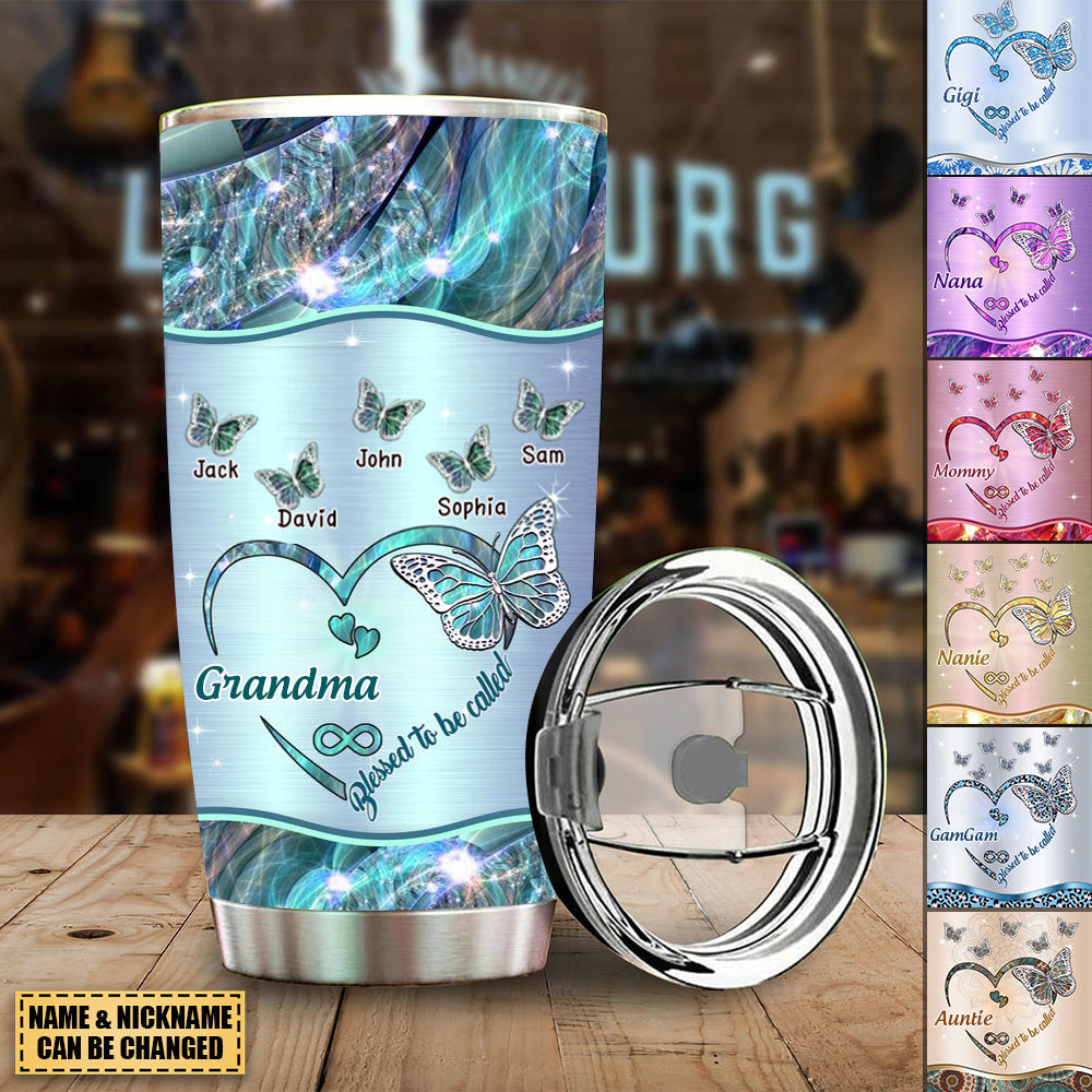 Sparkling Grandma- Mom Heart Butterfly Kids Personalized Tumbler-Gift For Family/Grandma