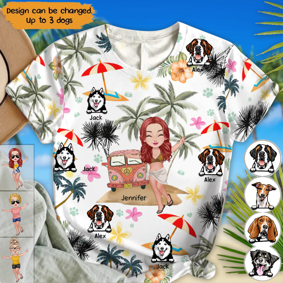 Personalzied Beach Girl & Dogs Gift For Dog Lover Tshirt Printed