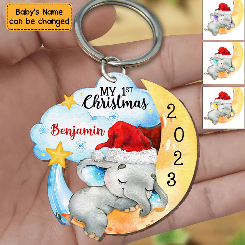 Personalized Custom Elephant Baby First Christmas Wooden Keychain