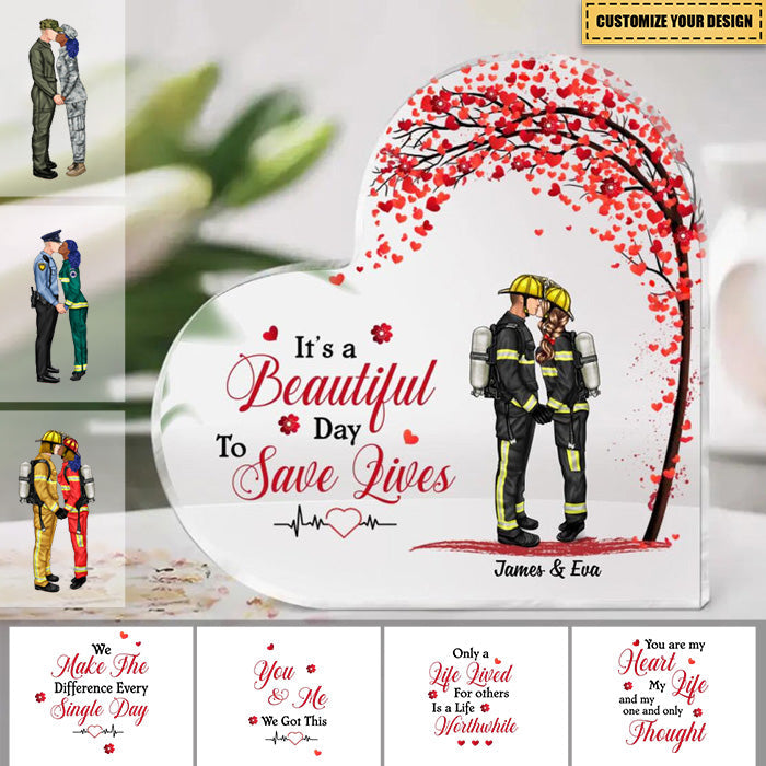 It'S A Beautiful Day To Save Lives - Personalized Acrylic Plaque For Firefighter, Ems, Police Officer, Military, Nurse Couples