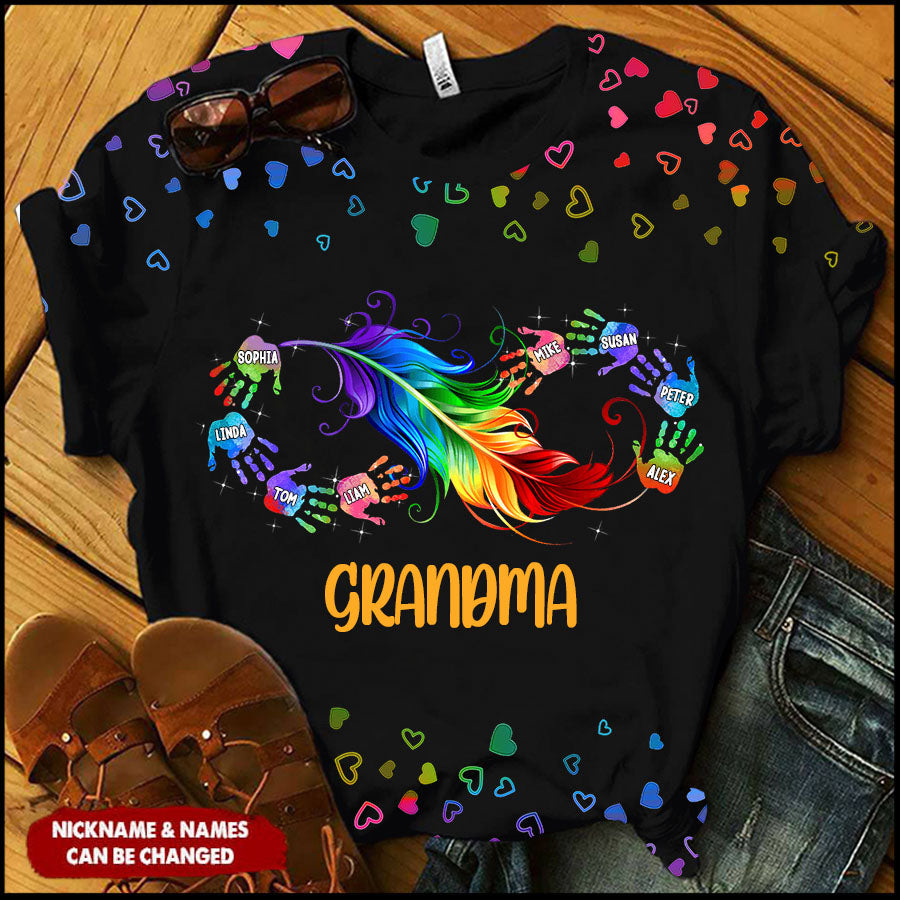 Grandma Mom Infinity Hand Prints Grandkids Personalized 3D Shirt