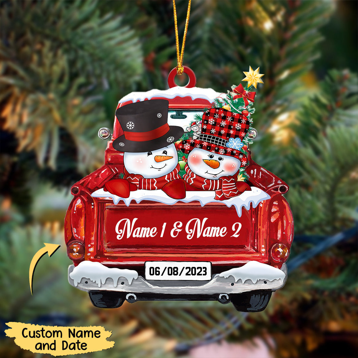 Personalized Christmas Couple Snowman On Red Truck Ornament