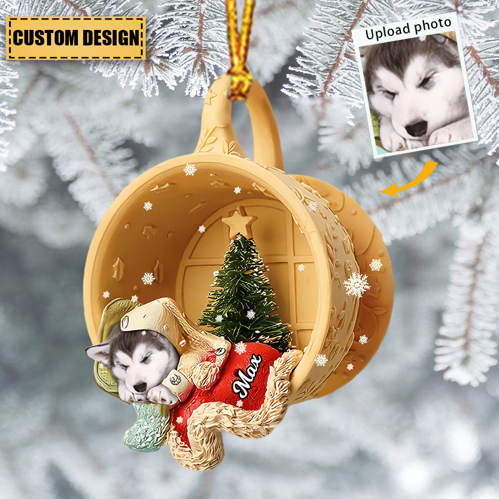 Personalized Pet Sleeping In A Tiny Cup Christmas Holiday-Two Sided Ornament-Gift For Pet Lover