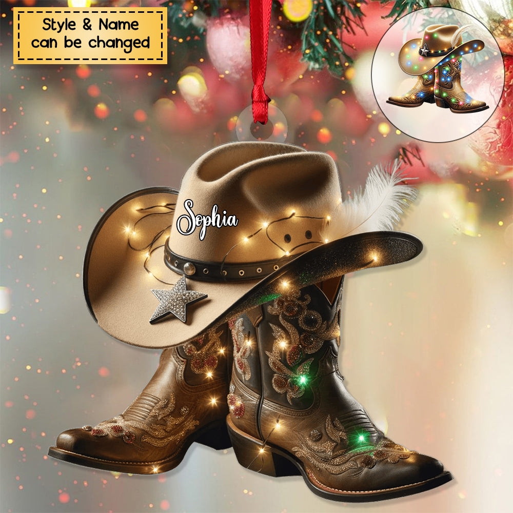 Personalized Boots And Hat Cowboy Flat Personalized Acrylic Christmas Ornament