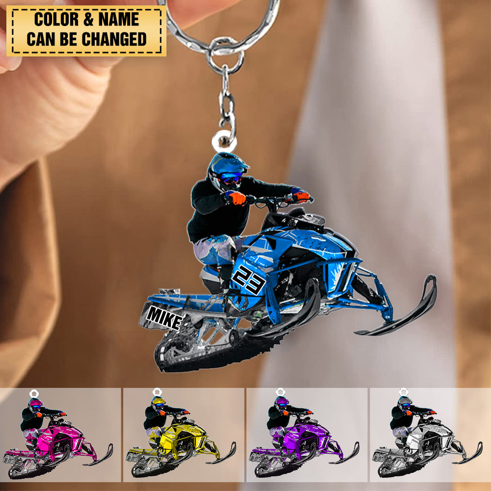Personalized Snowmobile Rider Jumping Through Snow Acrylic Keychain