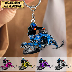 Personalized Snowmobile Rider Jumping Through Snow Acrylic Keychain