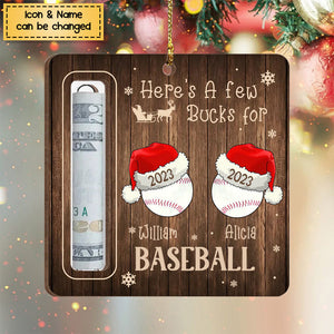 Here's A Few Bucks For Christmas - Personalized Wooden Ornament, Sport Player Gift