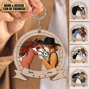 Girl Loves Her Horse Horseshoe Shape Personalized Wooden  Keychain