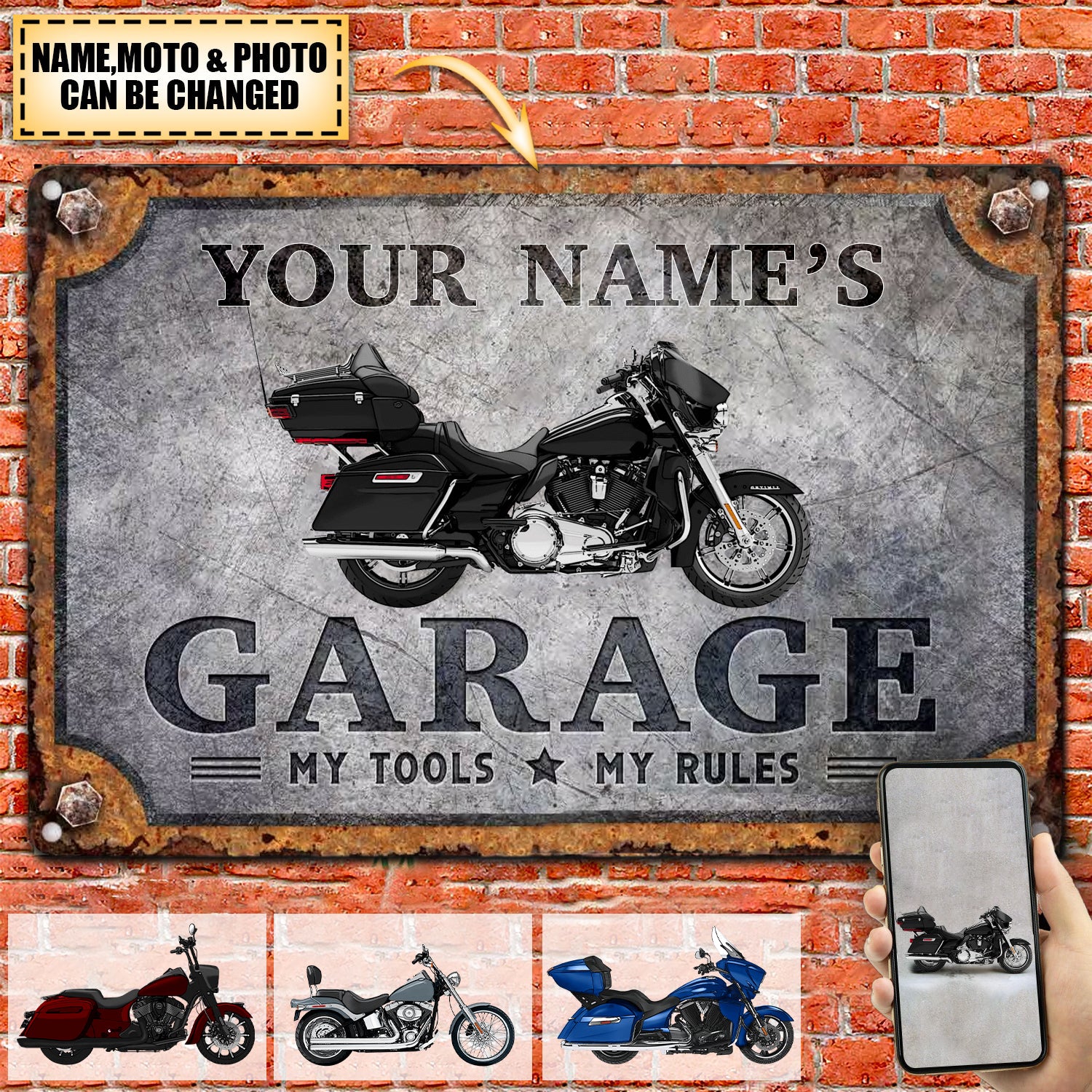 Custom Motorcycle Sign, Workshop, Motorbike Personalised Garage Metal Sign - Upload Photo