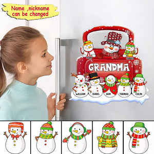 Personalized Christmas Grandma/Mom Snowman On Red Truck With Grandkids/Kids Sticker Decal