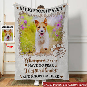 Custom Photo A Hug From Heaven - Sympathy Gift, Memorial Gift For Your Loved Ones, Pet Lovers, Dog Lovers, Cat Lovers - Personalized Fleece Blanket, Sherpa Blanket