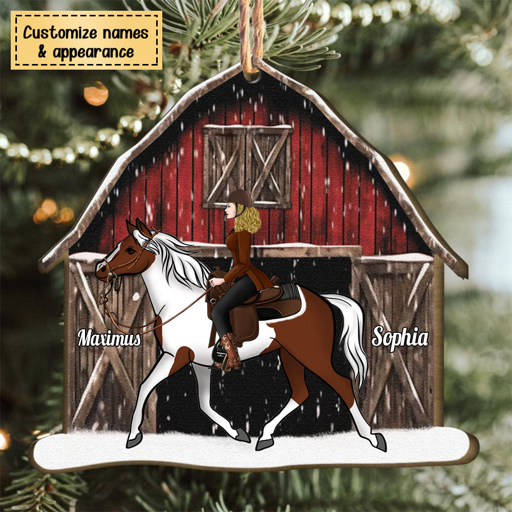 Horse Lovers Girl Riding Horse Red Barn - Personalized Wooden Christmas Ornament With Bow