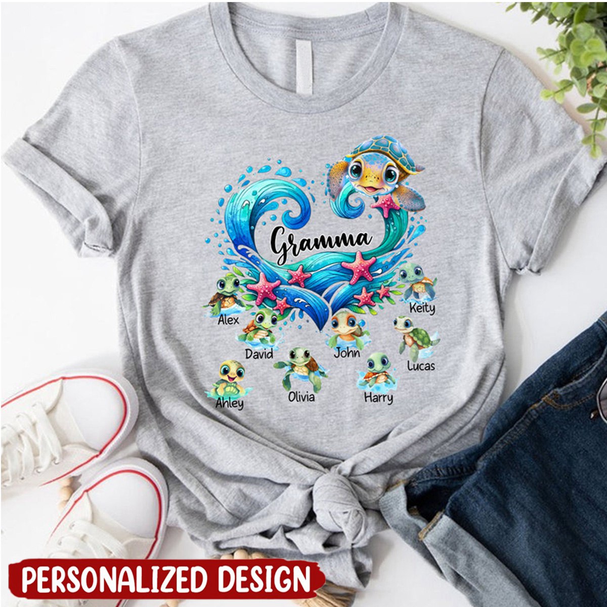 Sea Turtle Grandma With Cute Grandkids Personalized T-shirt