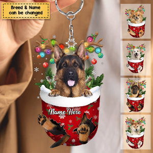 Dog In Snow Pocket Personalized Christmas Acrylic Keychain