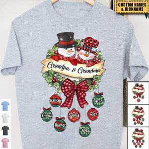 Snowman Grandpa & Grandma Mom & Dad Christmas Ball Kids Personalized T-shirt