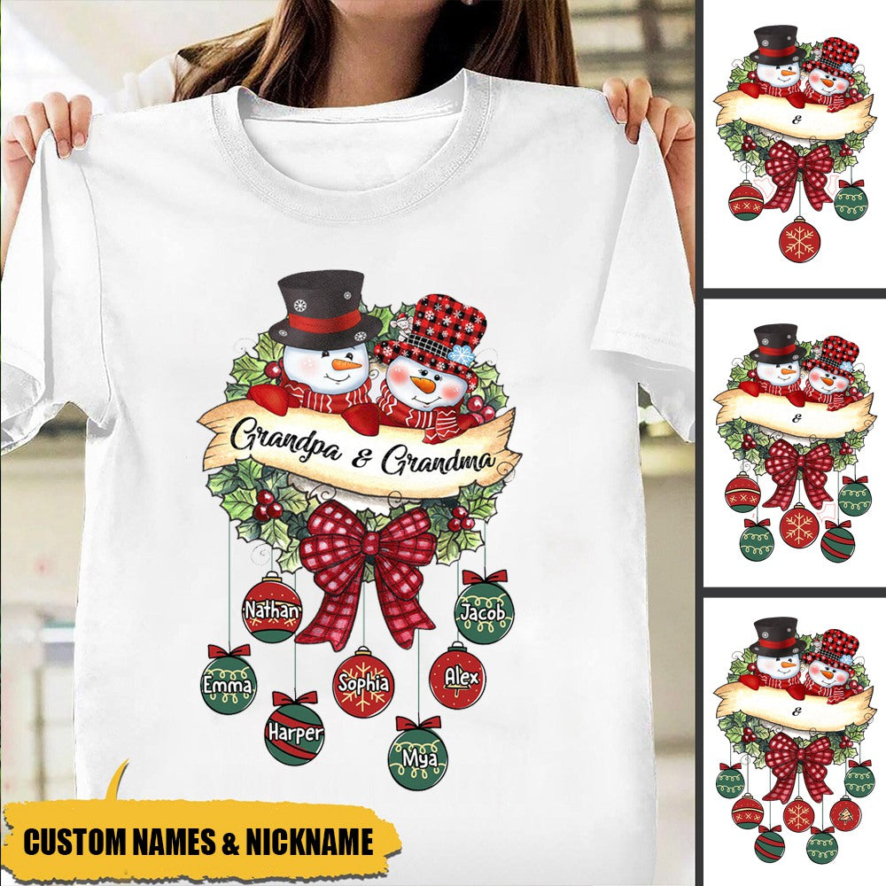 Snowman Grandpa & Grandma Mom & Dad Christmas Ball Kids Personalized T-shirt