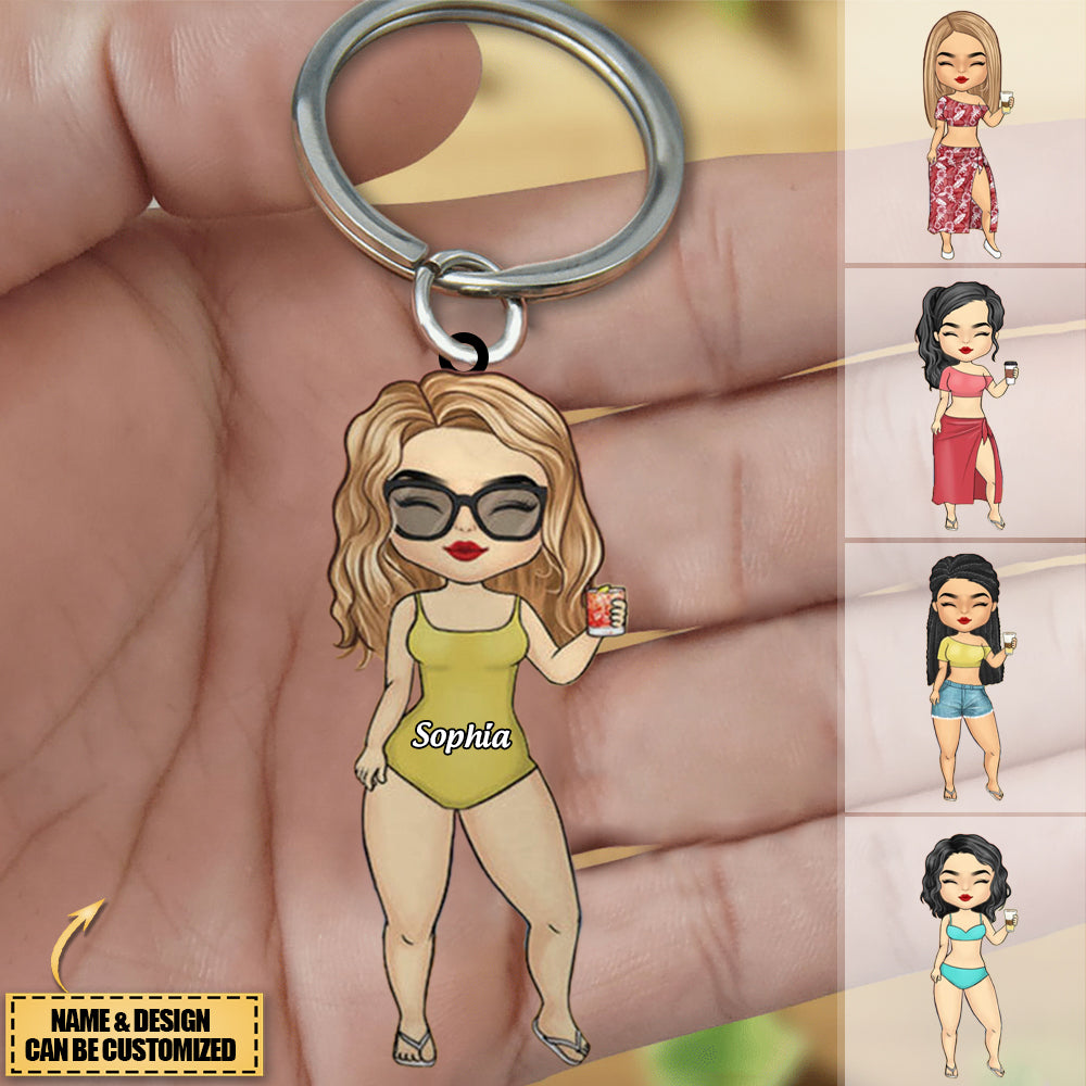 Chibi Lady Personalized Beach Acrylic Keychain-Gift For for Women, Girls