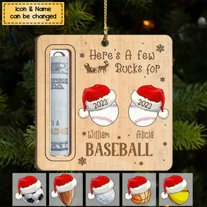 Here's A Few Bucks For Christmas - Personalized Wooden Ornament, Sport Player Gift