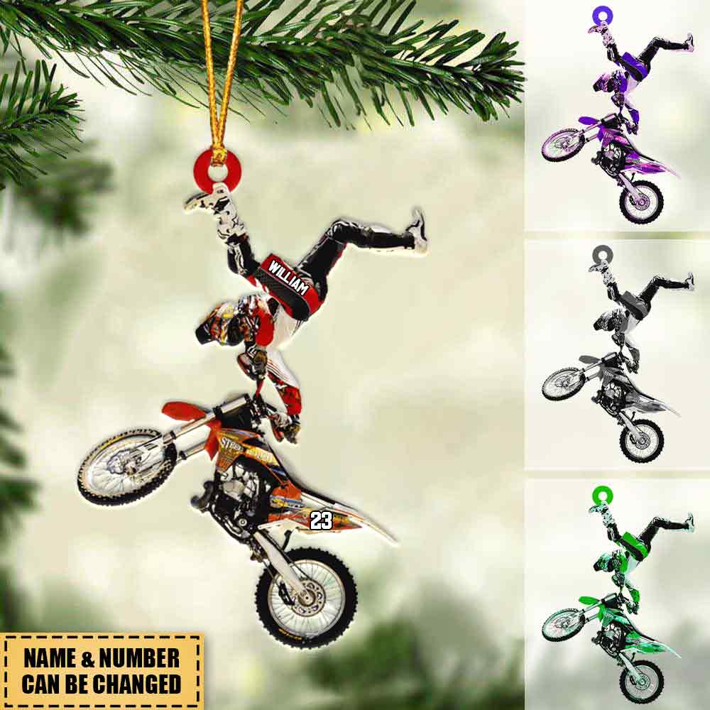 Personalized Flying Motocross Ornament, Custom Name Acrylic Flat Ornament For Biker