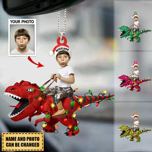 Personalized Cute Kid Rides The Dinosaurus Christmas Light Car Hanging Ornament