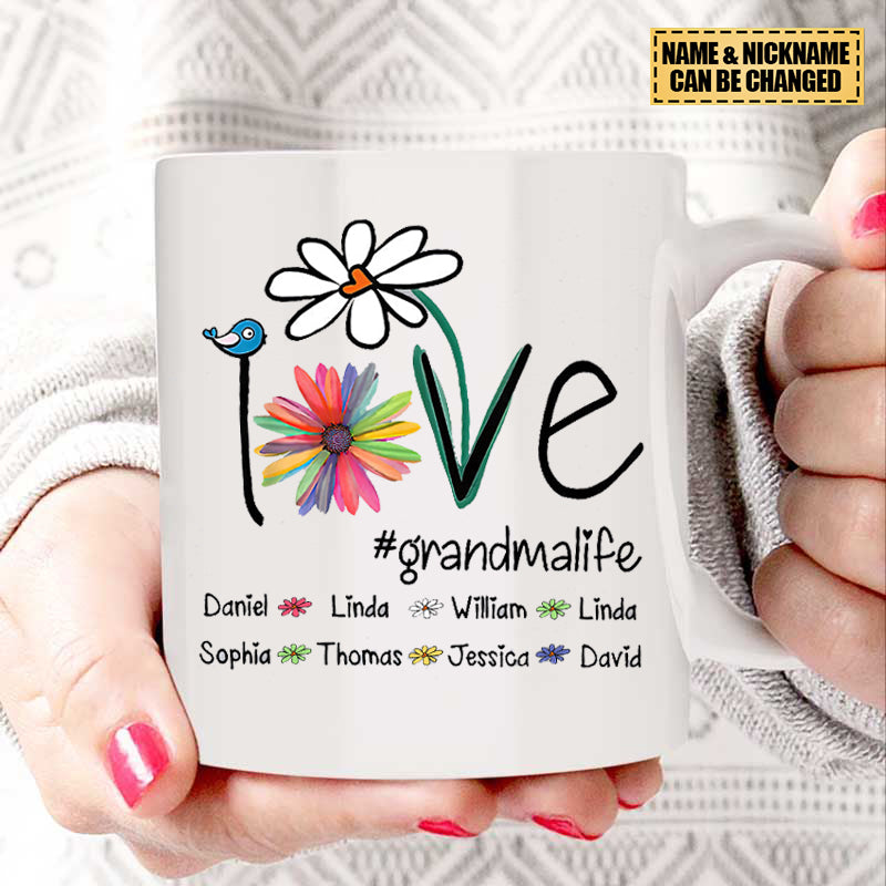 Personalized Love Grandma Life Flower And Grandkids Mug