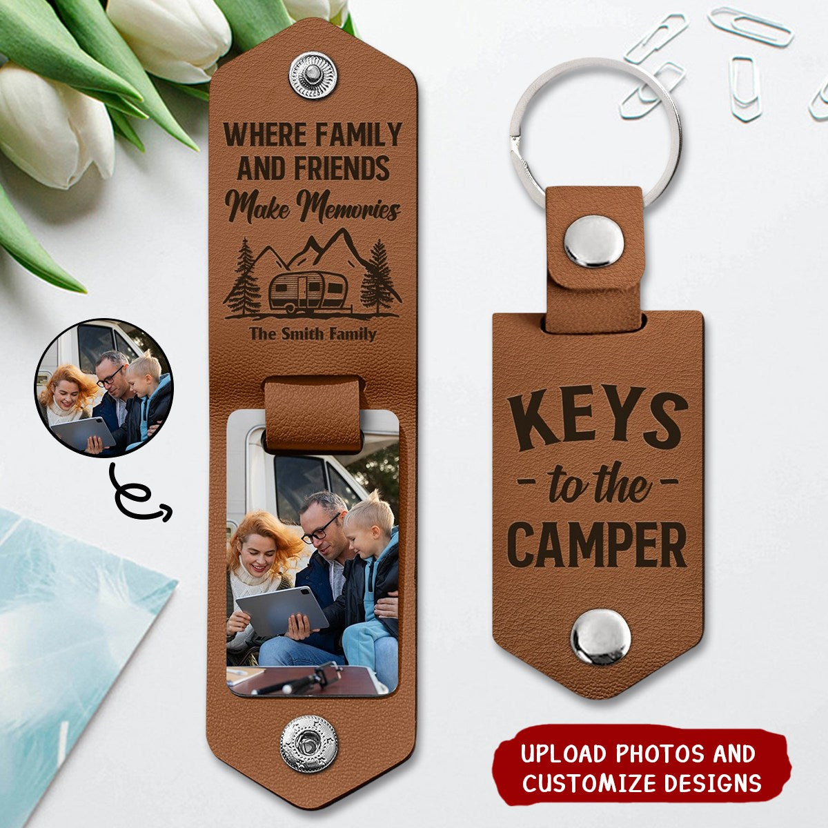 Custom Photo Keys To The Camper - Gift For Camping Lovers - Personalized Leather Photo Keychain