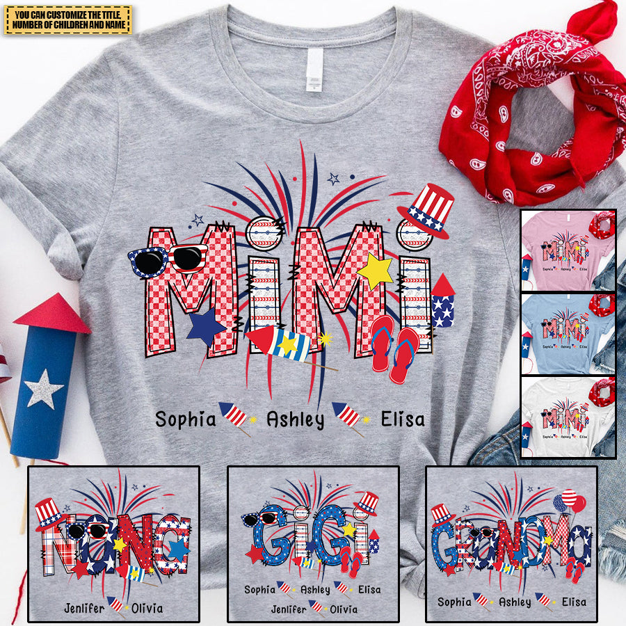 Patriotic Doodle 4th Of July Mimi And Grandkid  T-Shirt
