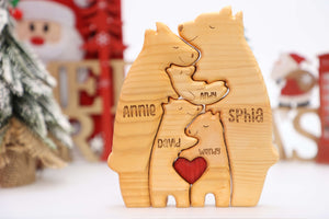(Ship Worldwide)Personalized Bear Family Wooden Art Puzzle, Gift For Family
