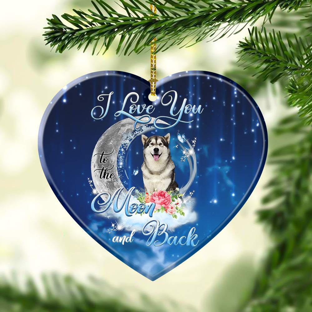 Alaskan Malamute I Love You To The Moon And Back Heart Shape Ceramic Ornament