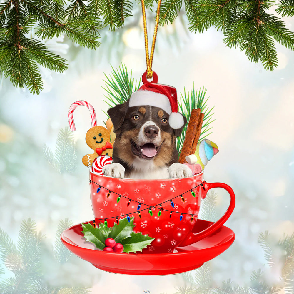 Australian Shepherd In Cup Merry Christmas Ornament