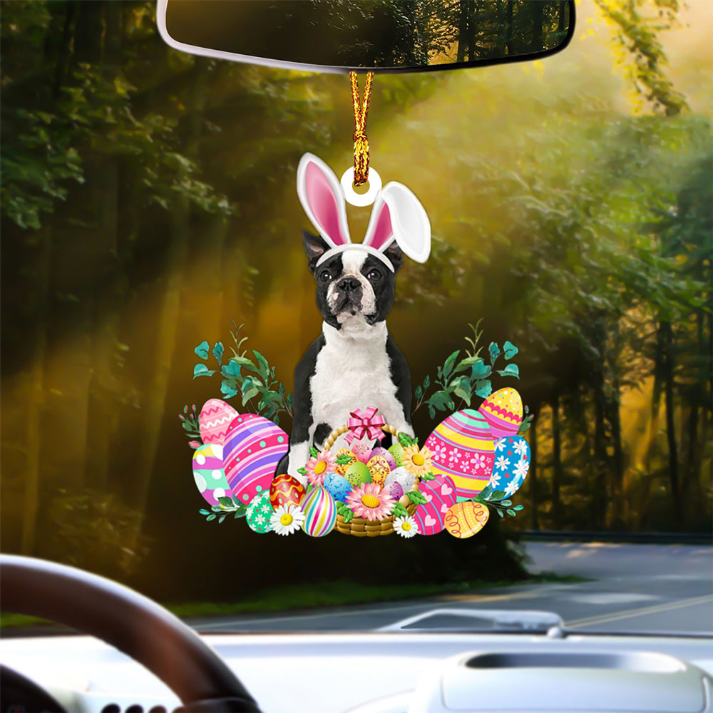 BLACK Boston Terrier Happy Easter Car Hanging Ornament