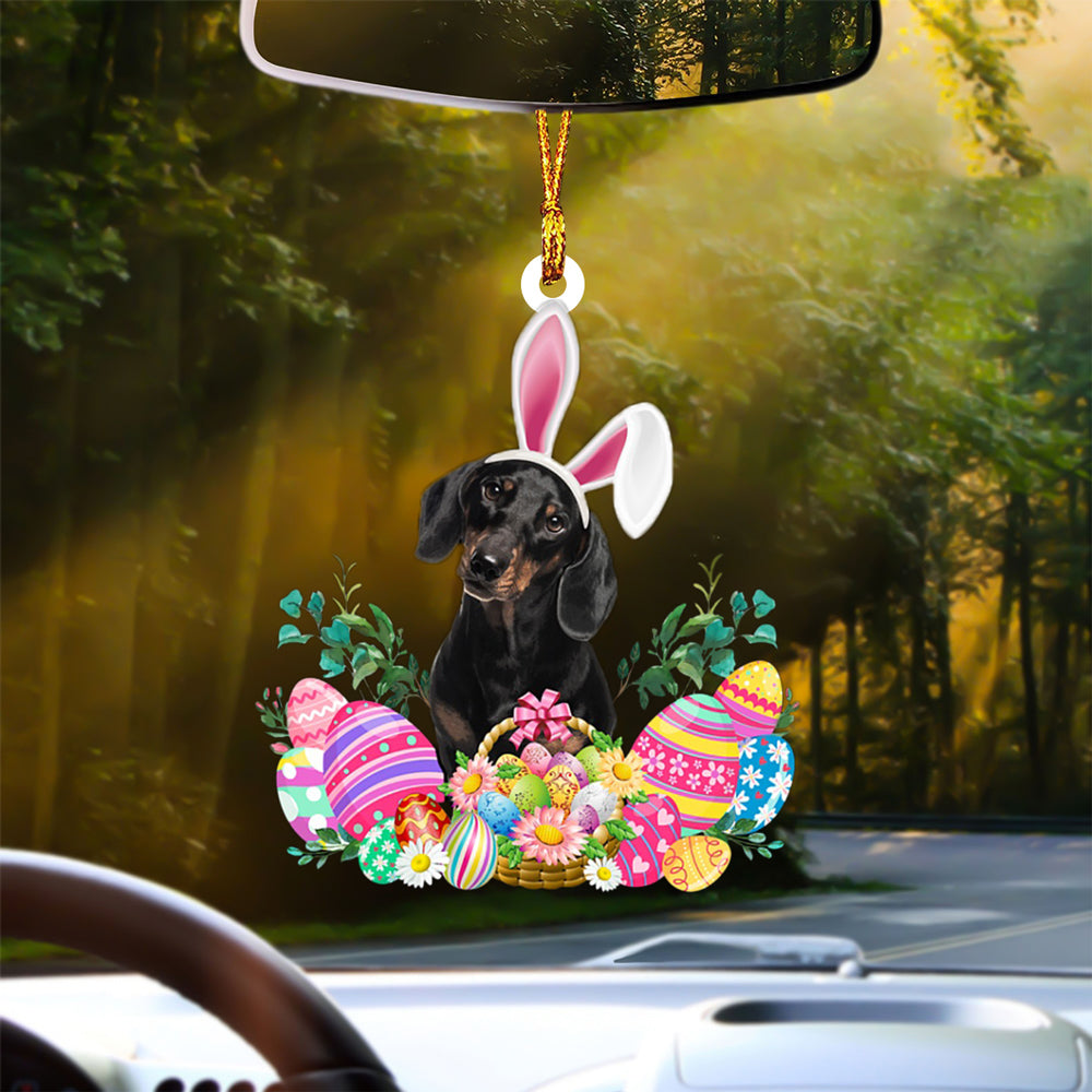 BLACK Dachshund Happy Easter Car Hanging Ornament