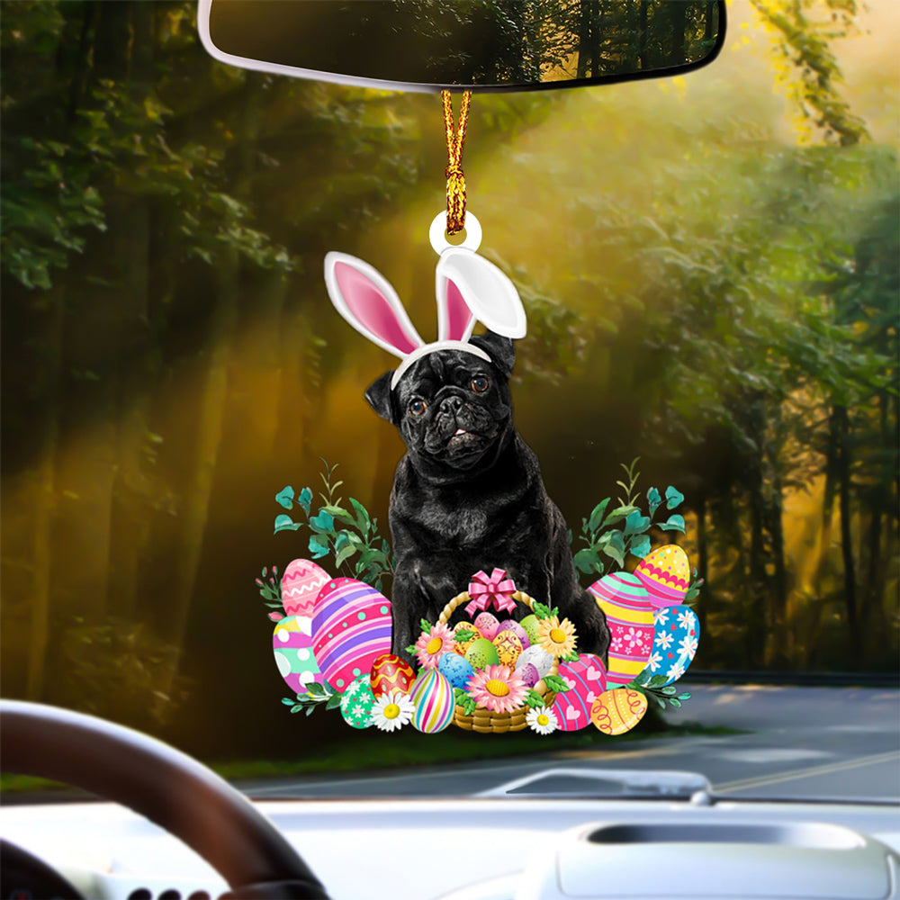BLACK Pug Happy Easter Car Hanging Ornament