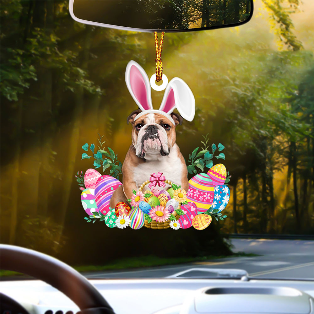 BROWN English Bulldog Happy Easter Car Hanging Ornament