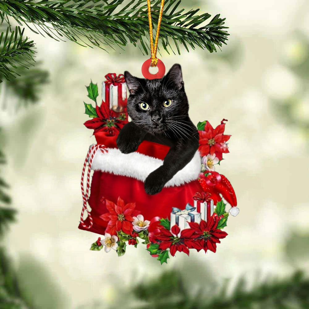 Black Cat In Gift Bag Christmas Ornament